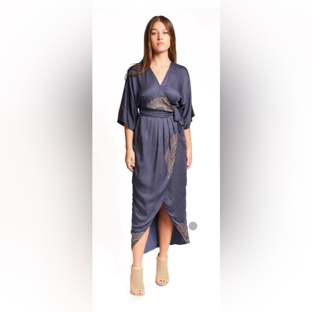 Symbology Navy and Gold Modal Peacock Feather Wrap Kimono Dress